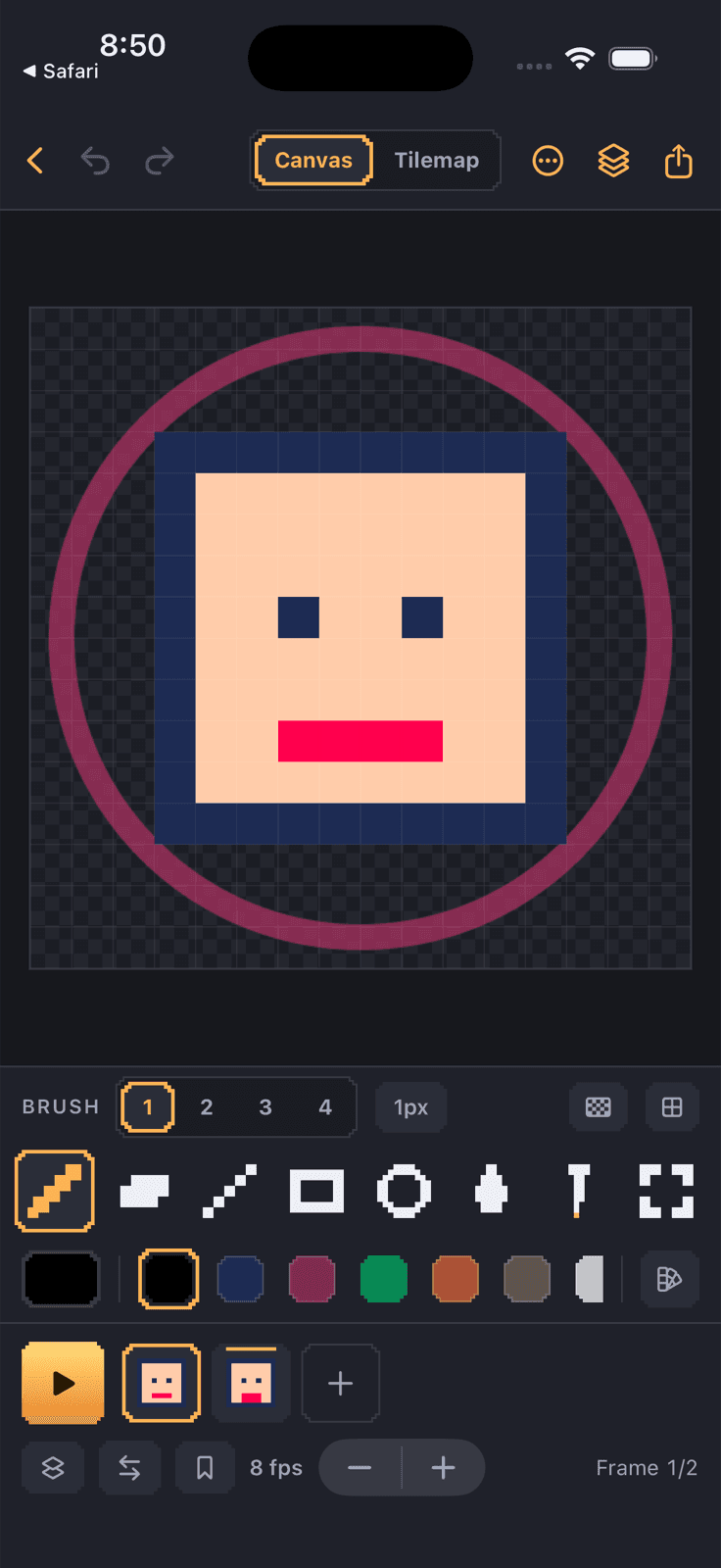 Dotsmith editor on iPhone: pixel canvas with tool bar, palette, and animation timeline in the dark Forge theme