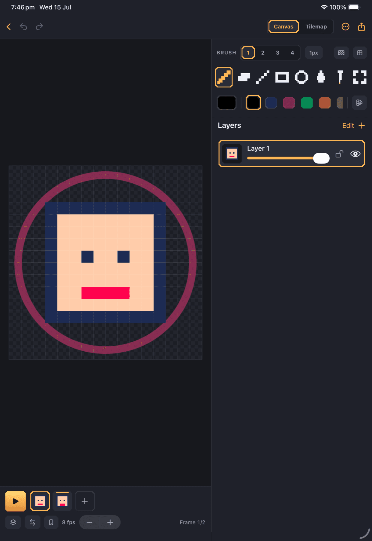 Dotsmith on iPad: canvas with sidebar holding tools, palette, and layers